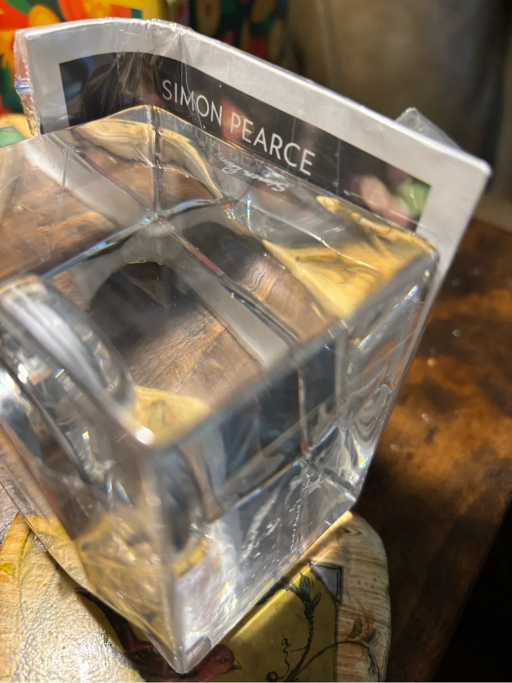 Simon Pearce Woodbury Heavy Crystal Desk Clock Cube Gold Bezel  etched Signed